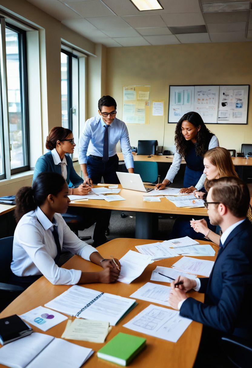 A visually engaging scene depicting a diverse group of employees in an office setting discussing family leave policies. Include a large, open journal on a conference table filled with notes and illustrations about employee rights. Soft, warm lighting enhances a collaborative atmosphere. Incorporate elements like family photos, supportive resources guides, and sticky notes with important rights highlighted. super-realistic. vibrant colors. office environment.