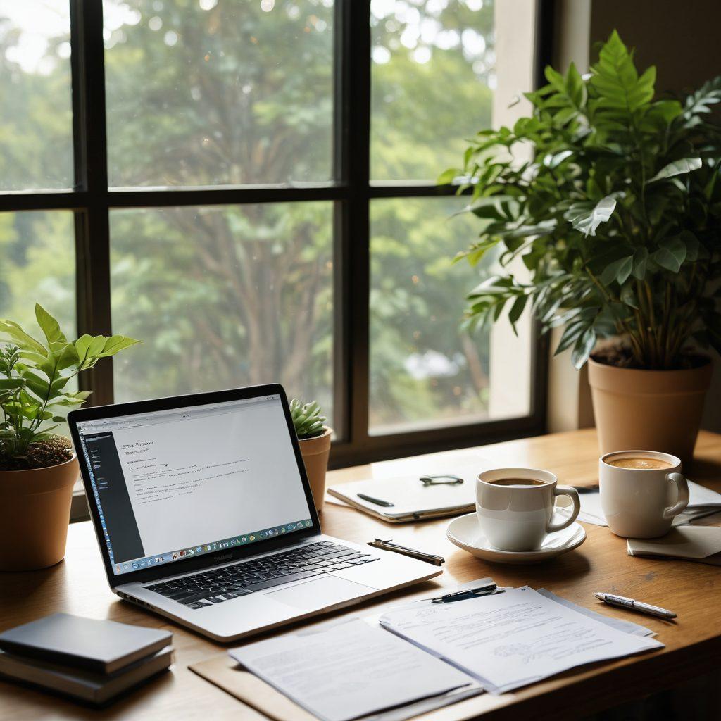 A serene office setting with a laptop open to a blog page titled 'Navigating Your FMLA Rights'. The scene includes a steaming cup of coffee, notepads with handwritten notes on employee support, and a family photograph subtly placed on the desk. Soft sunlight filters through a window adorned with greenery, symbolizing growth and support. Illustrative elements of leaves and gentle outlines of families in the background to convey warmth and community. super-realistic. vibrant colors. natural lighting.
