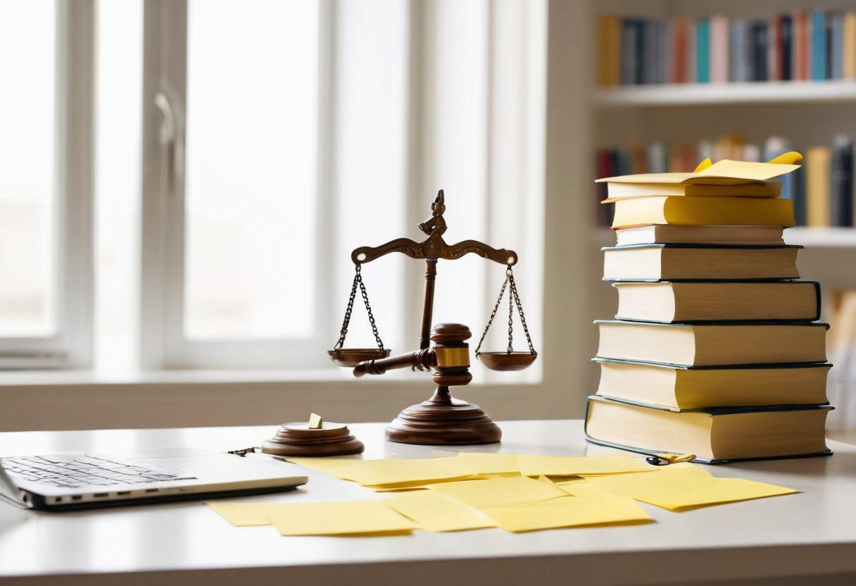 A thoughtful individual sitting at a desk covered with legal documents and a laptop, surrounded by sticky notes with keywords like 'FMLA', 'workplace benefits', and 'legal strategies'. A backdrop featuring a bookshelf filled with law books and a window letting in soft, natural light. An abstract representation of a balance scale integrated into the scene, symbolizing justice and balance in workplace rights. super-realistic. warm colors. white background.